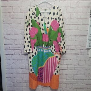Floral Vase Polka Dot Midi Dress Size L 3/4 Sleeves Boho Artsy Lightweight Retro